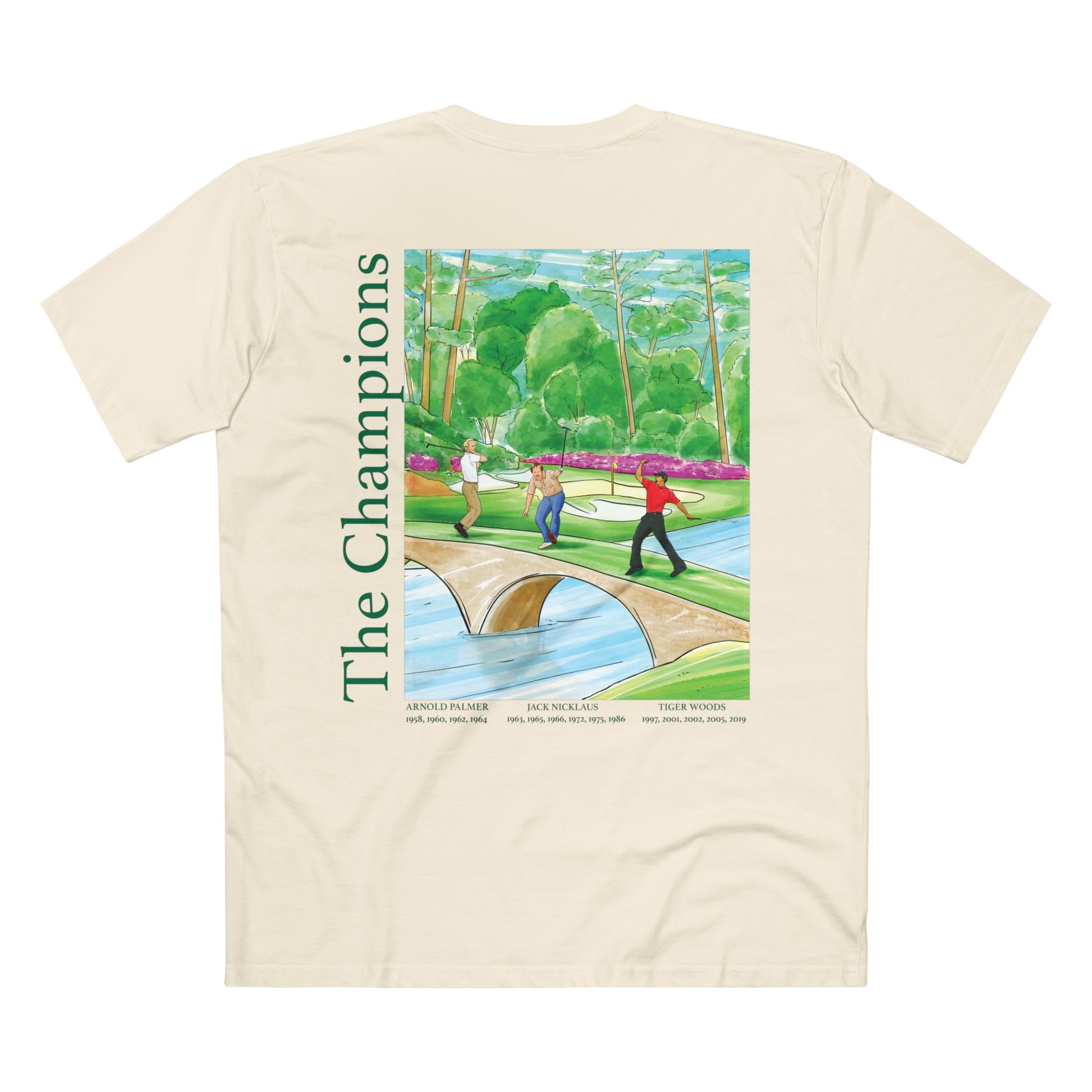 Augusta white shirt with a painting of people playing golf